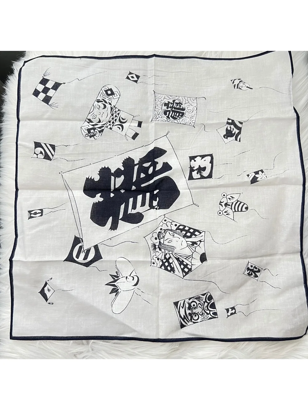 Japanese Kite Festival Scarf Navy White Daruma Folk Art Linen Look 16.5”